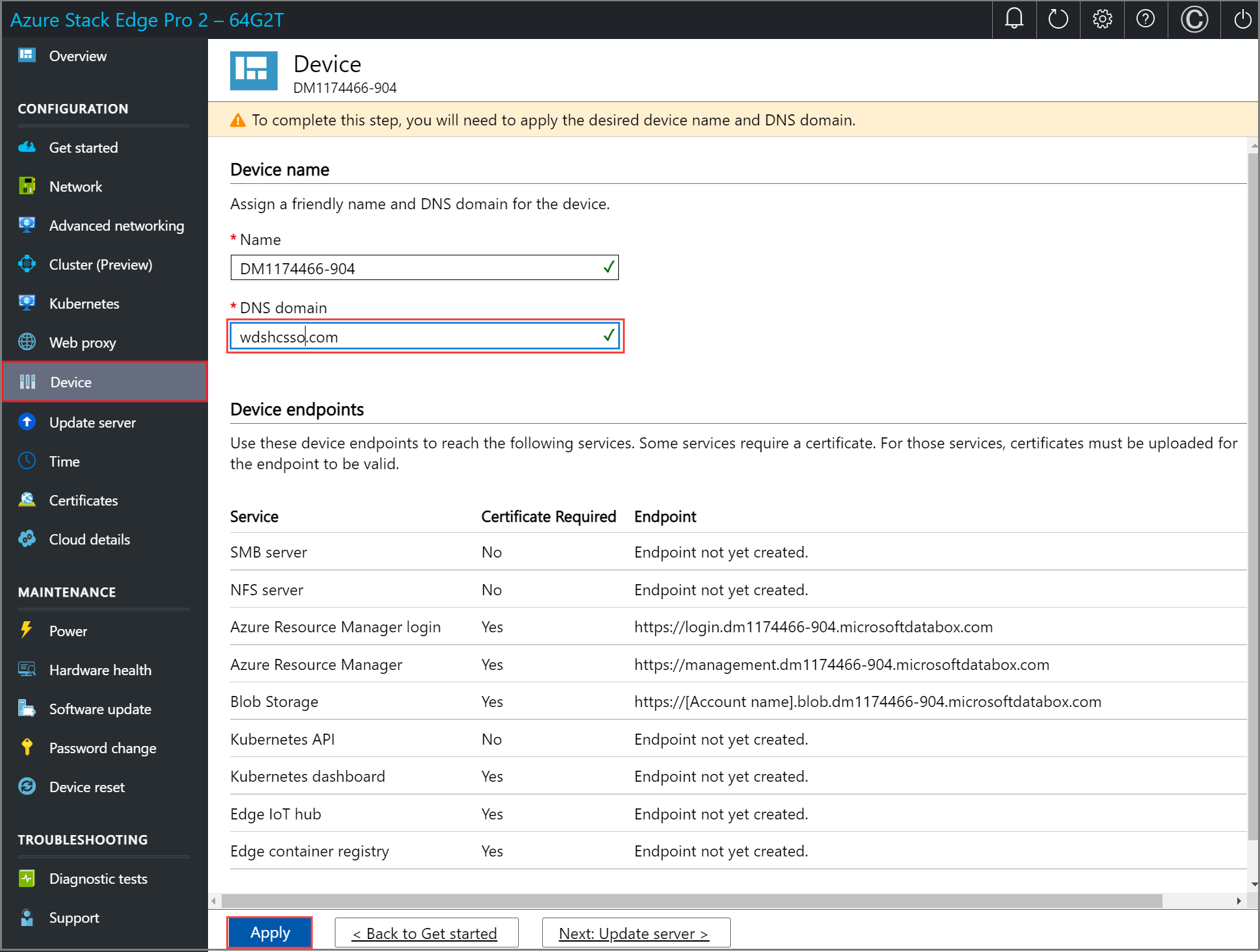 Screenshot of the Device page in the local web UI of an Azure Stack Edge device. The Apply button is highlighted.