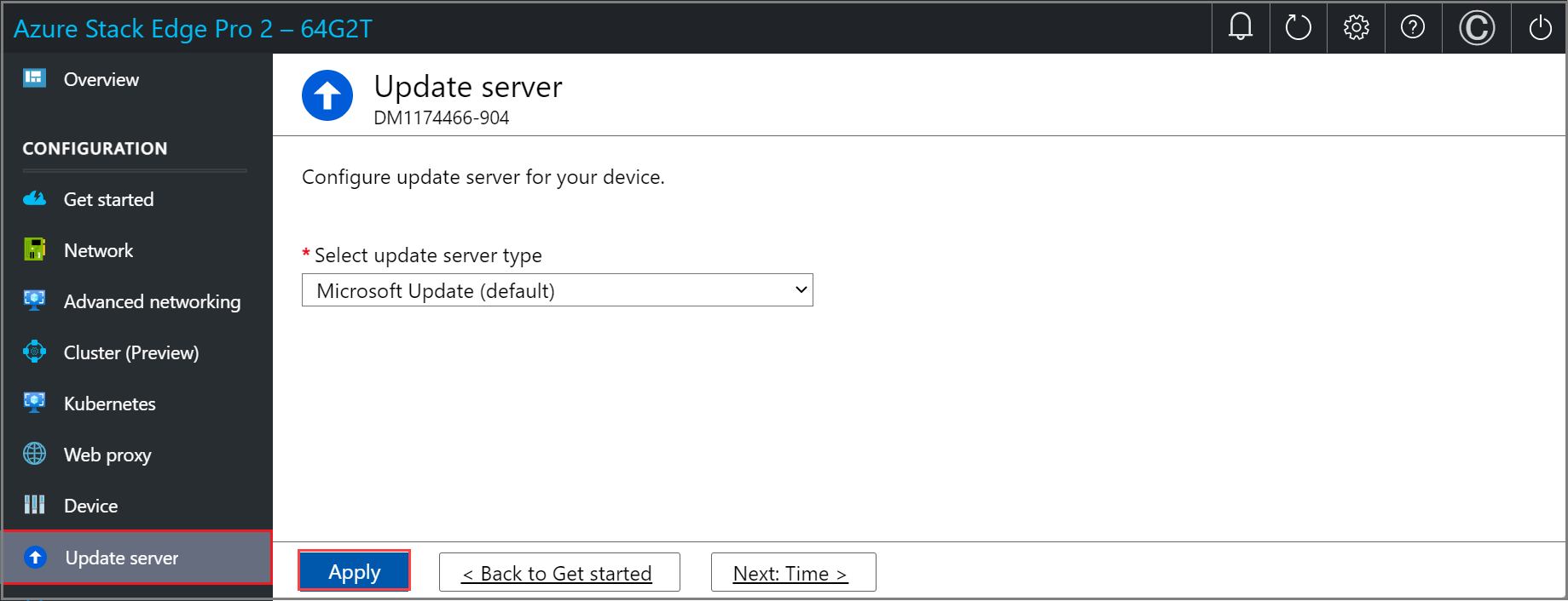 Screenshot of the Update server page with Microsoft update server configured in the local web UI of an Azure Stack Edge device. The Apply button is highlighted.