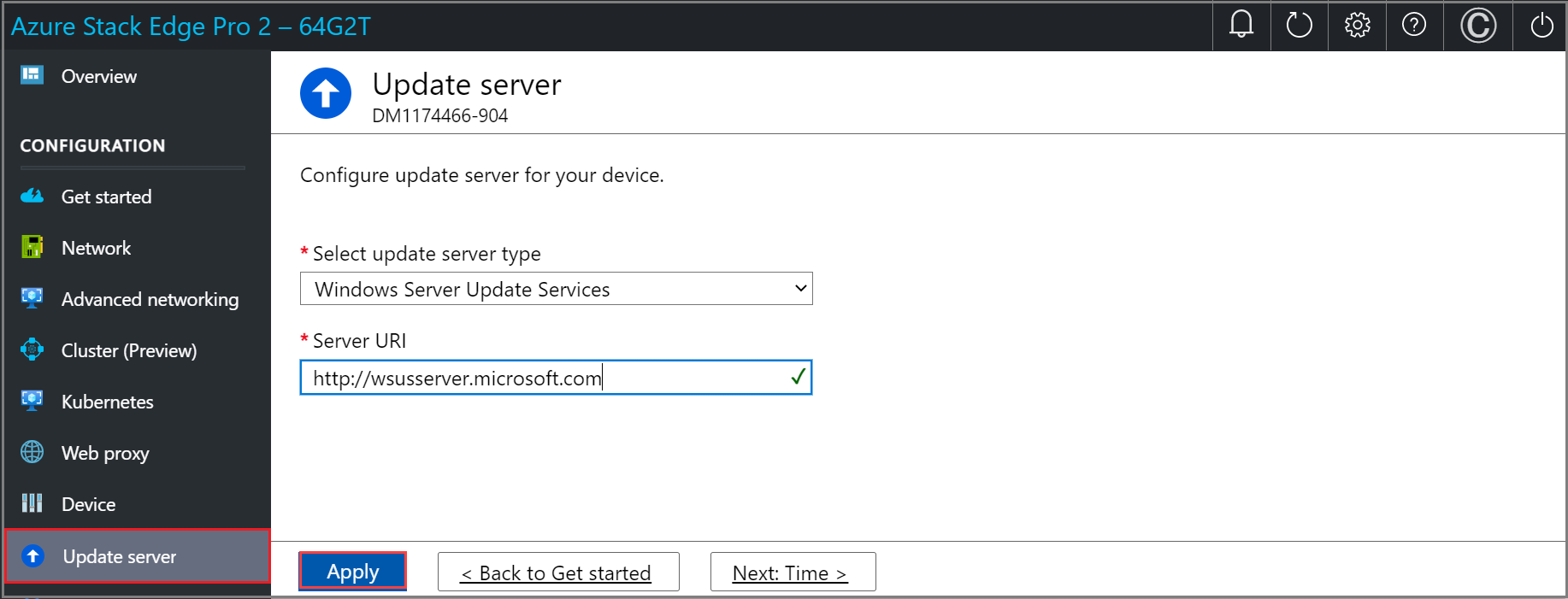 Screenshot of the Update server page with Windows Server Update Services configured in the local web UI of an Azure Stack Edge device. The Apply button is highlighted.