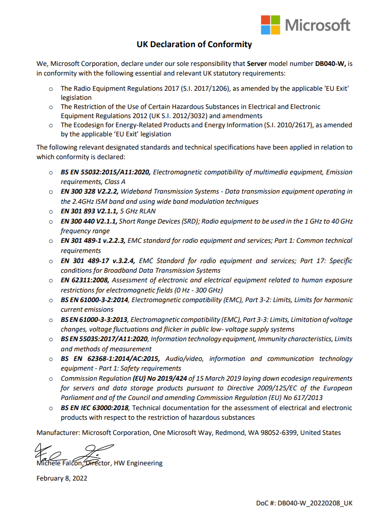 Screenshot of the Declaration of conformity for UK.