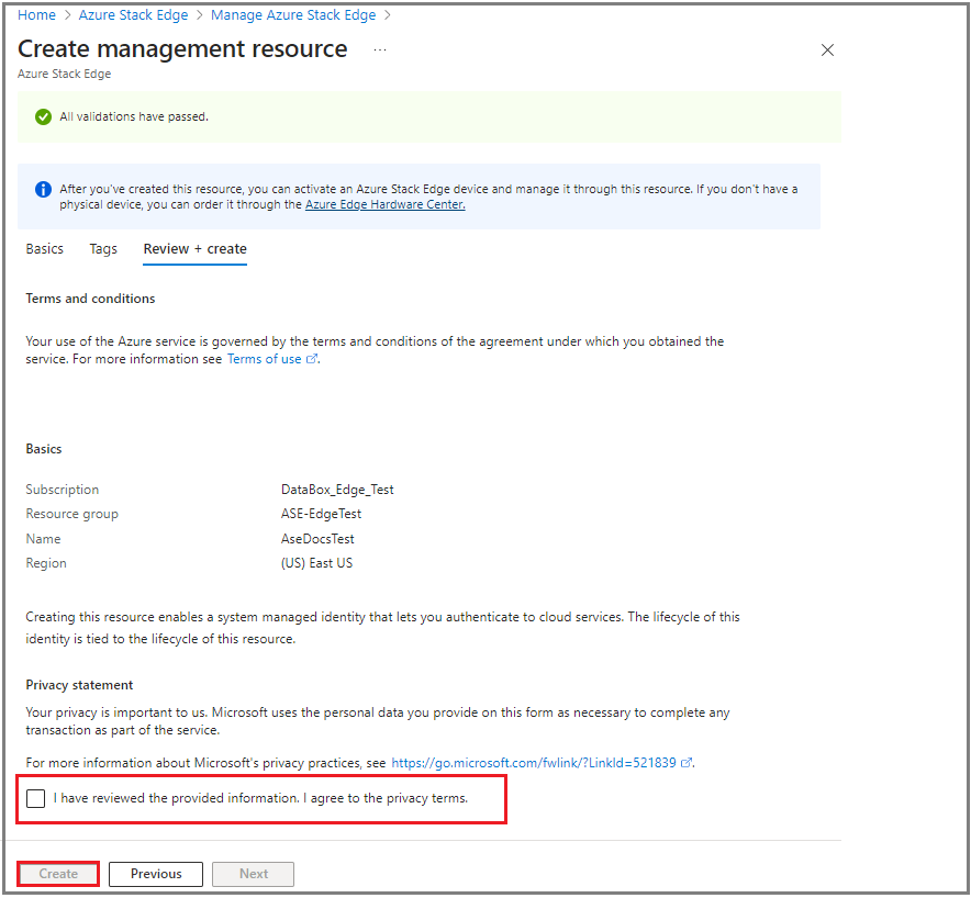Screenshot of Create management resource page Review and create tab on Azure portal. The Privacy terms checkbox is highlighted.