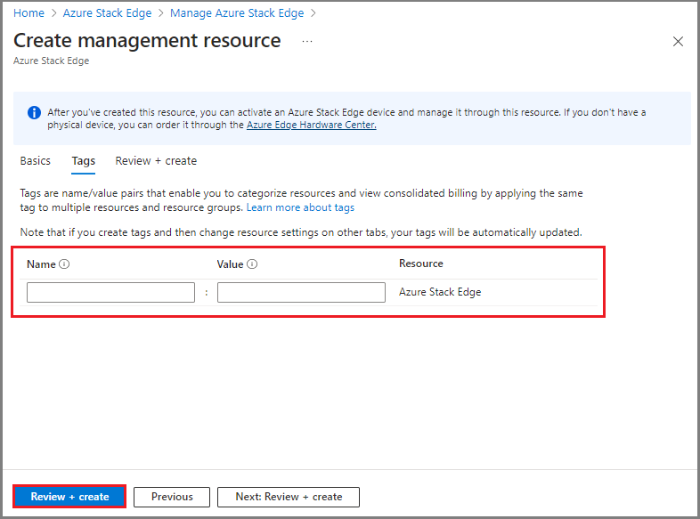 Screenshot of Create management resource page Tags tab on Azure portal. The Name and Value fields are highlighted.