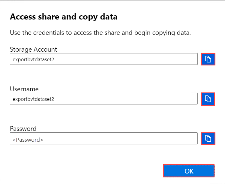 Get share credentials, access share and copy data