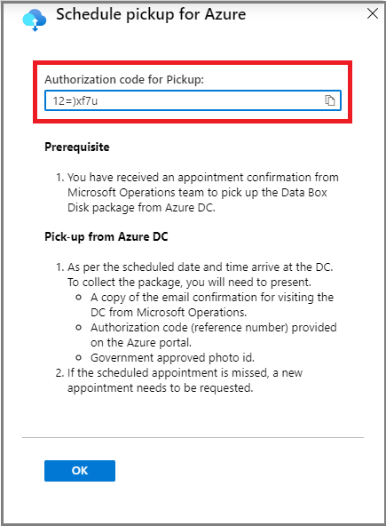 Screenshot of the Schedule pick up for Azure dialog box with the Authorization code for Pickup text box called out.