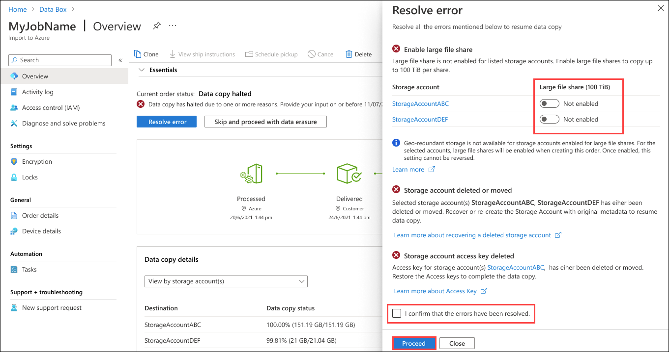 Screenshot of the Resolve Errors pane for multiple retryable errors from a Data Box upload. The Not Enabled buttons, confirmation prompt, and Proceed button are highlighted.