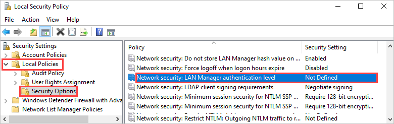 Screenshot showing the Security Options in the Local Security Policy editor. The "Network Security: LAN Manager authentication level" policy is highlighted.