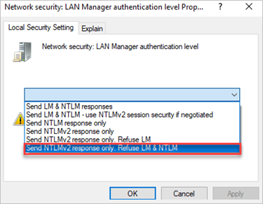 Screenshot showing "Network Security: LAN Manager authentication level" policy in the Local Security Policy editor. The "Send NTLMv2 response only. Refuse LM & NTLM" option is highlighted.