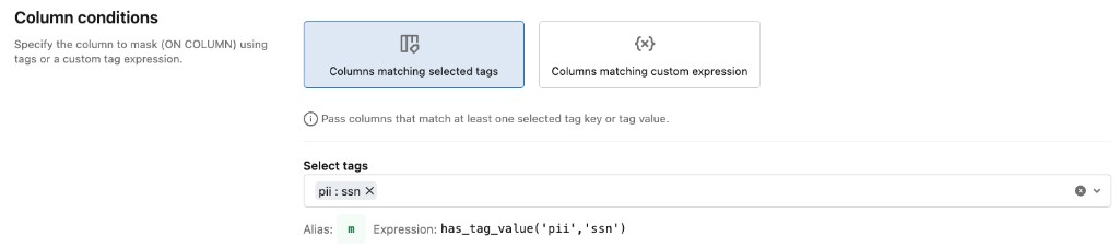 Example ABAC column mask policy settings for the Column conditions section.