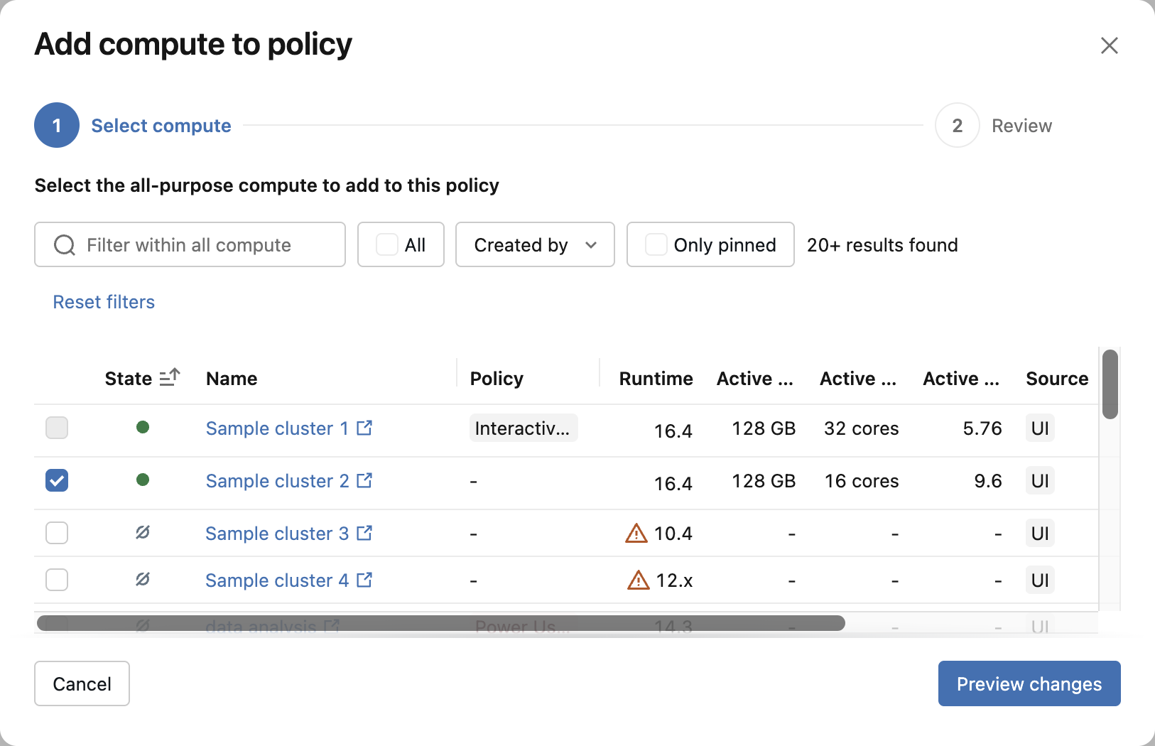 Modal shows compute to select to add to the policy