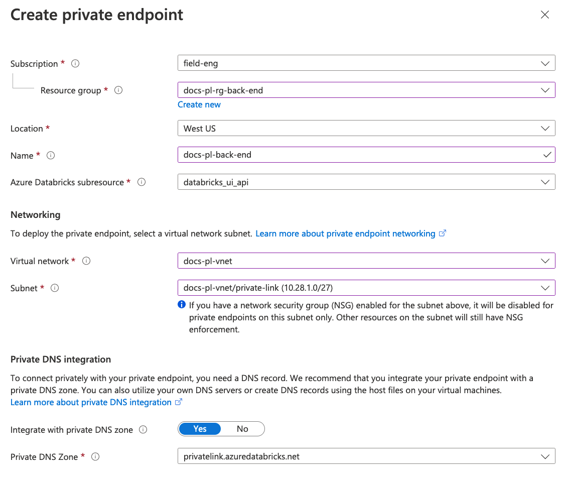 Azure portal blade for creating a private endpoint