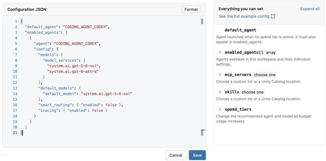 Configuration JSON editor showing a Codex configuration with compatible models and a default model, with Format, Save, and Cancel controls