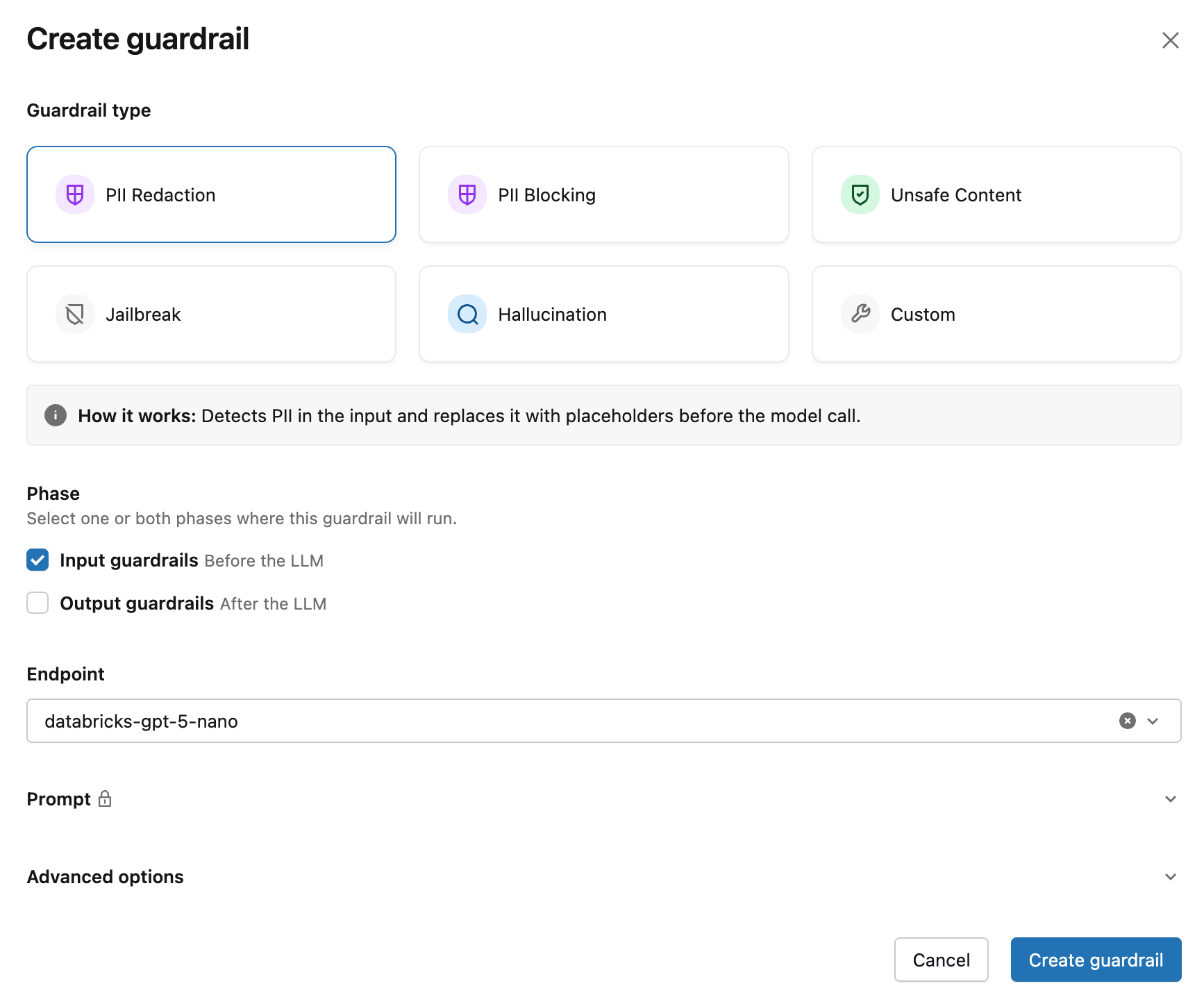 Create guardrail modal with a built-in template selected, showing the Guardrail type pill, Phase checkboxes, evaluator endpoint combobox, and Advanced options with the Enforce and Log radio.