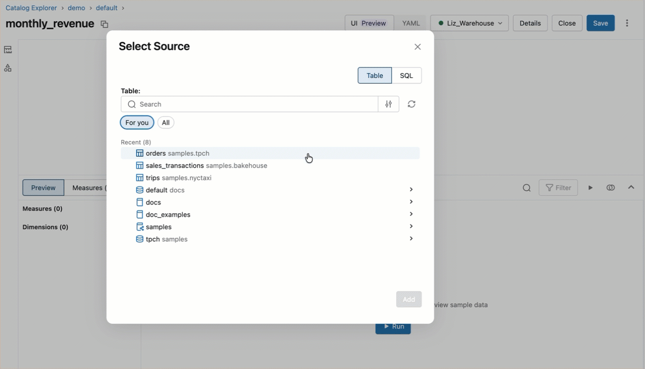 Databricks Assistant generates a metric view definition from a natural language prompt.