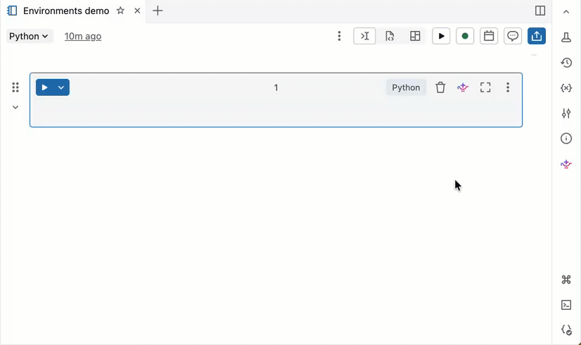 Configuring a notebook's environment from the Environment side pane on classic compute that uses the Environments dependency mode.