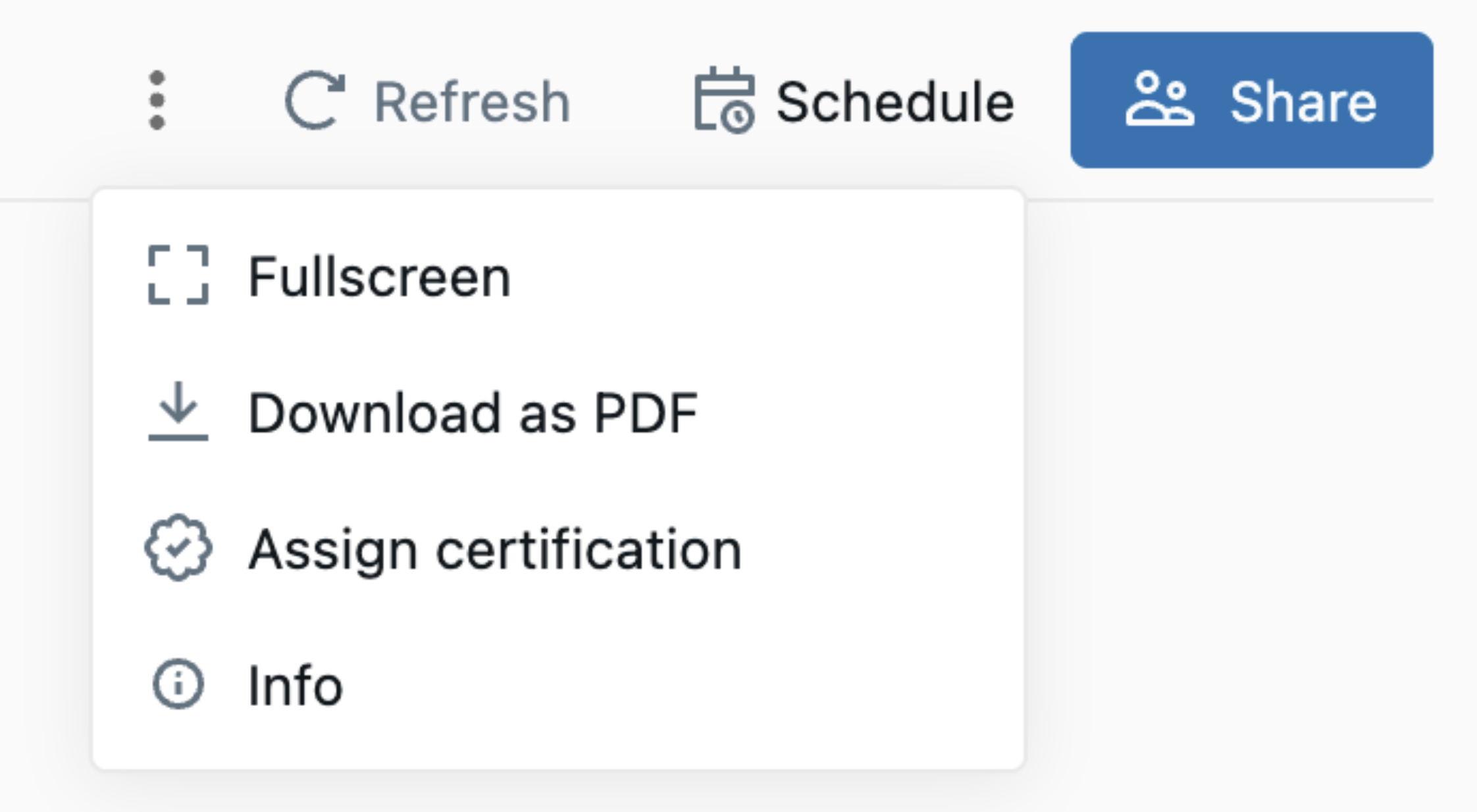 The published dashboard's kebab menu with the Info option for viewing materialization status.