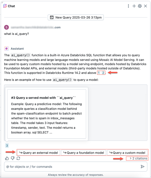 Documentation citations and follow-up suggestions from Databricks Assistant.