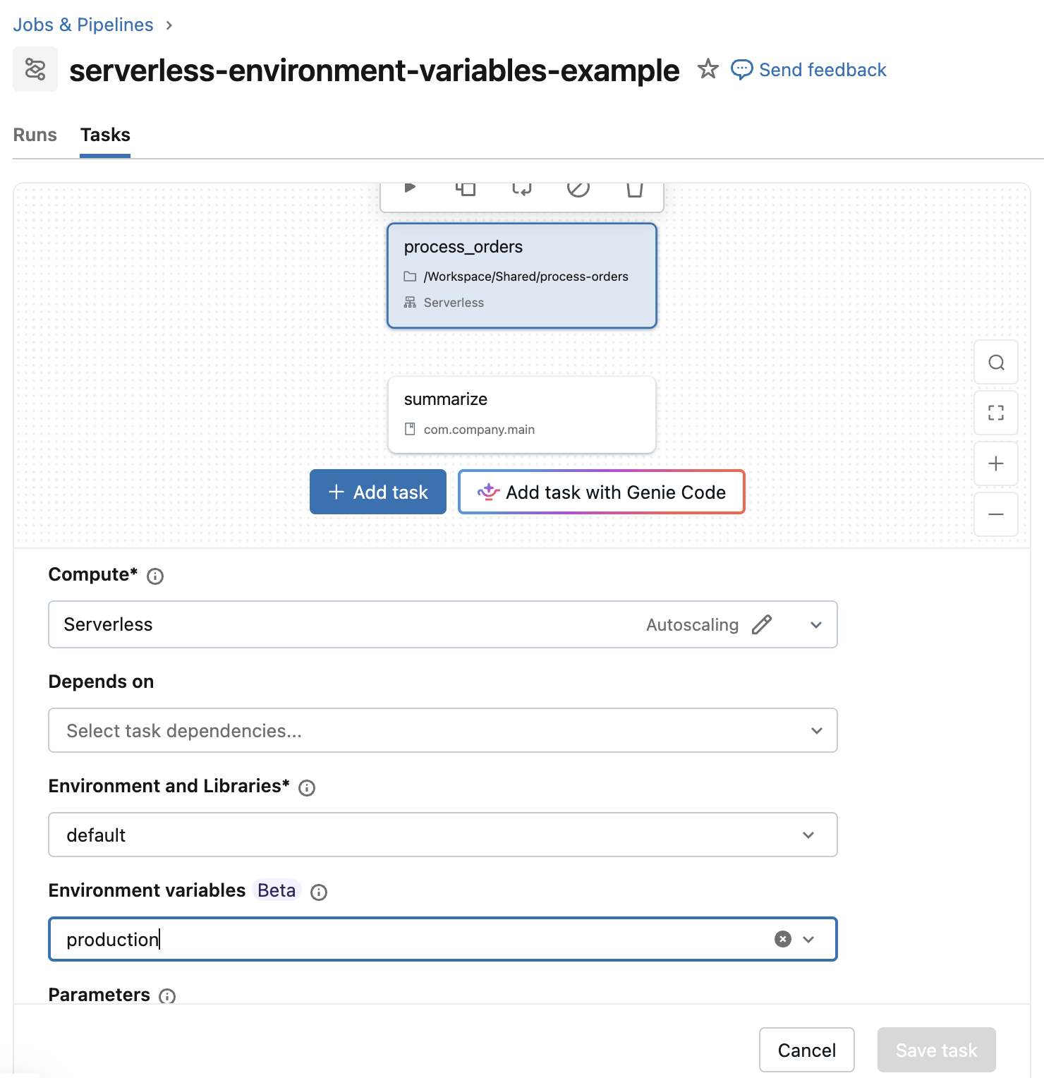 Task edit form with environment variables field