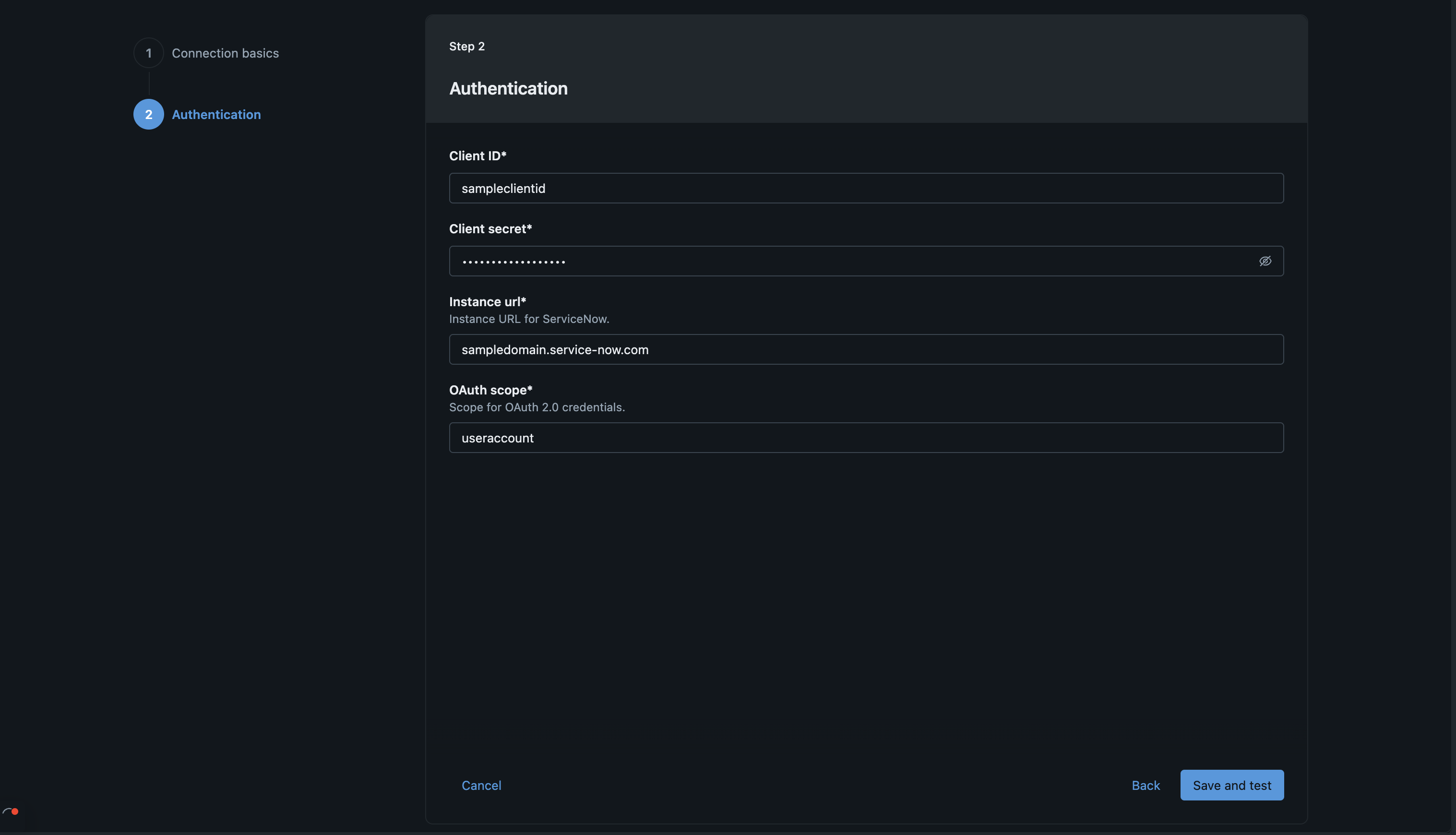 DB authentication page for a ServiceNow M2M connection