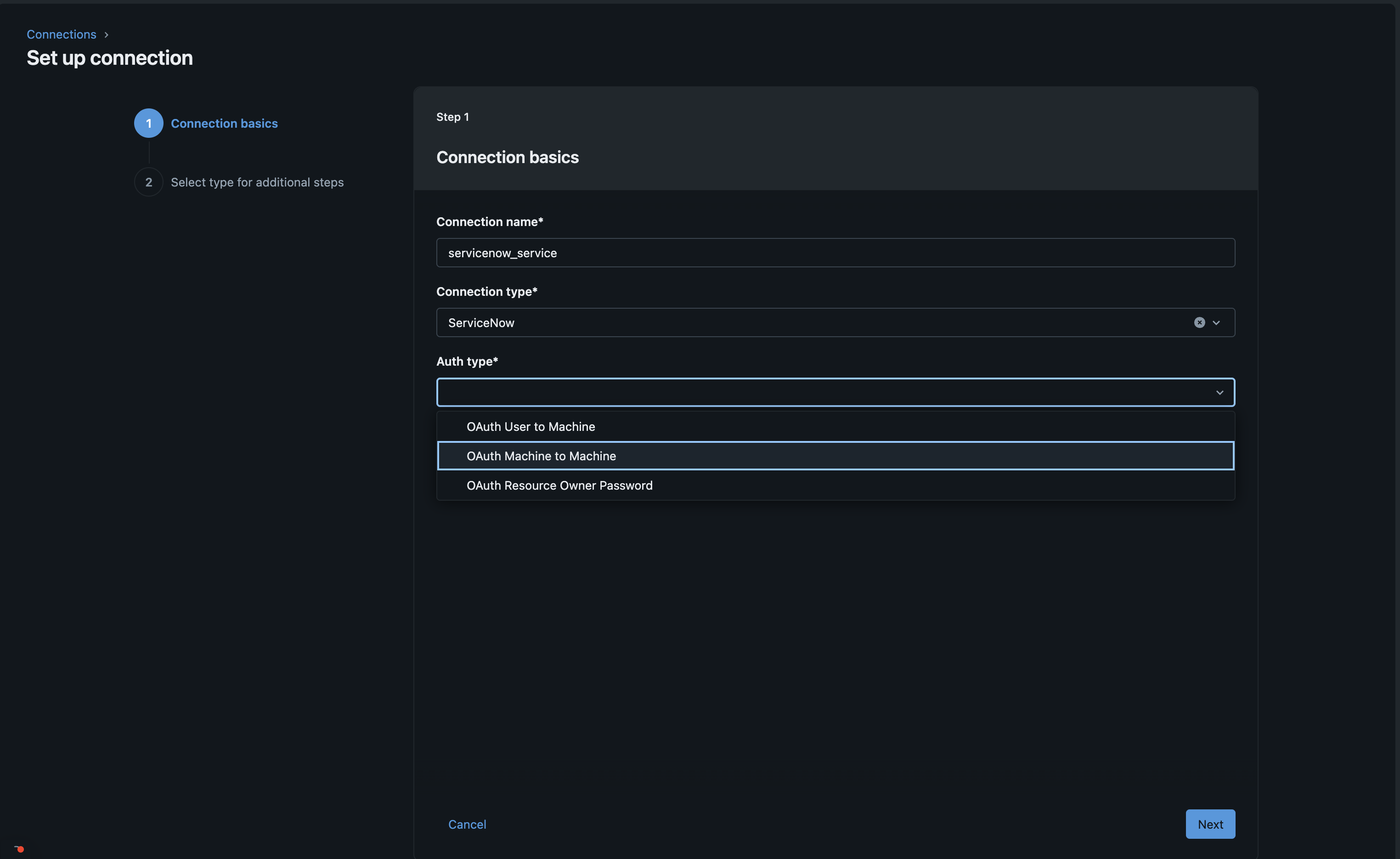 DB connection basics page with OAuth Machine to Machine selected