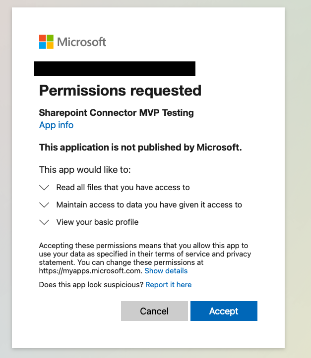 Microsoft permissions requested dialog box