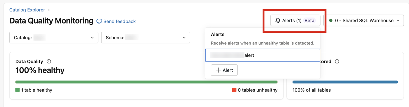 Quickly view alerts from the Data Quality Monitoring UI.