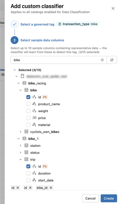 Create custom classifier wizard step 2: select example columns.