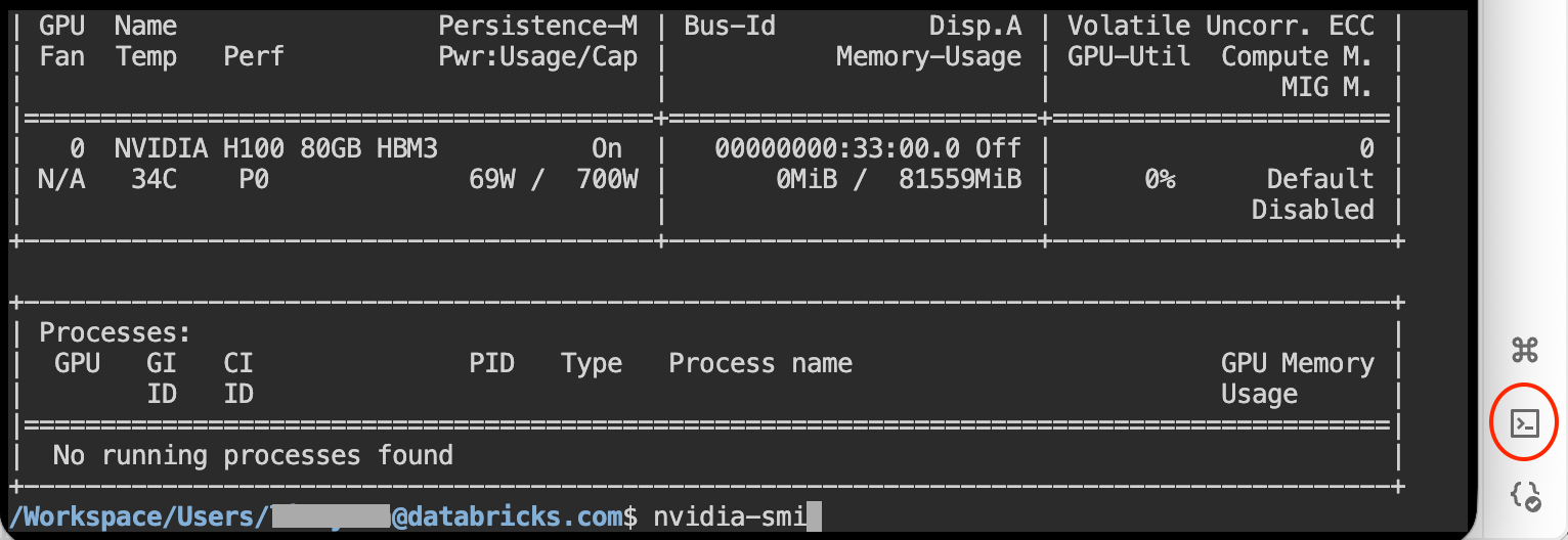 A web terminal running nvidia-smi on an H100 GPU node.