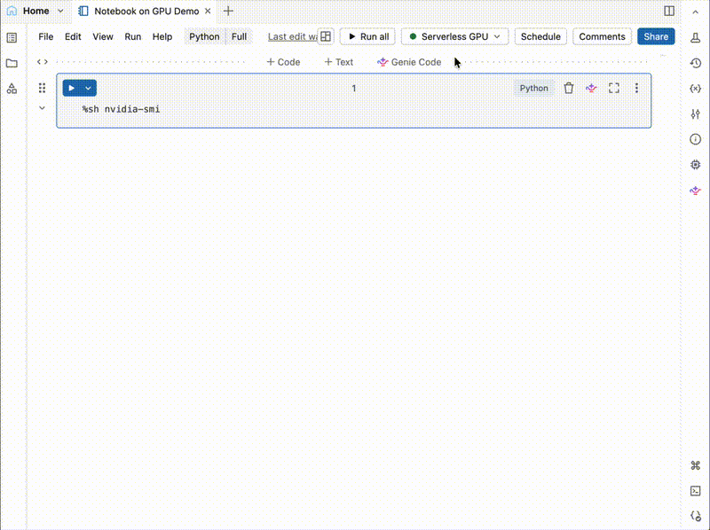 The notebook compute drop-down menu with Serverless GPU selected as the compute for an AI Runtime notebook.