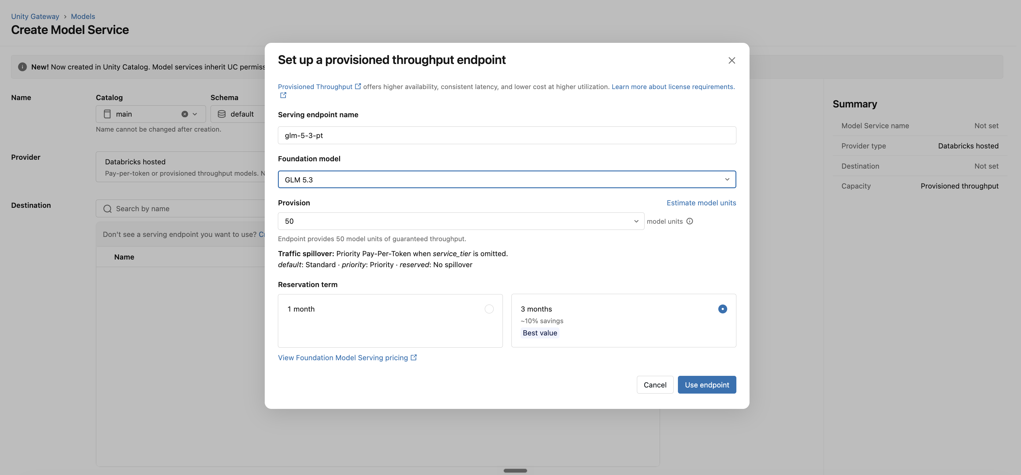 Set up a provisioned throughput endpoint dialog with a foundation model, model units, and reservation term selected.