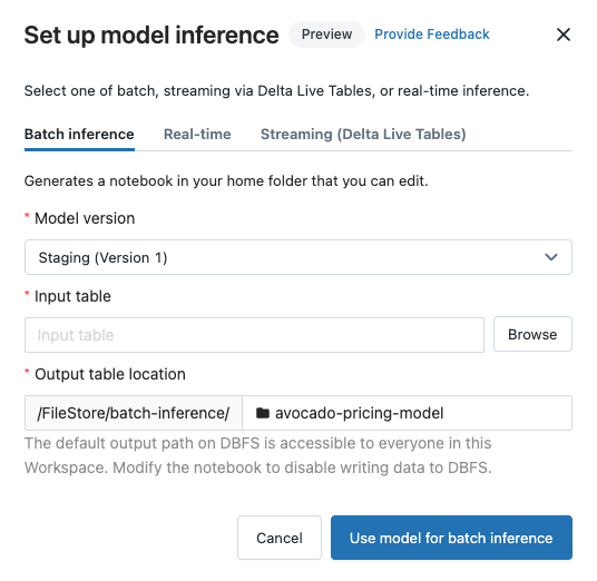 Configure model inference dialog