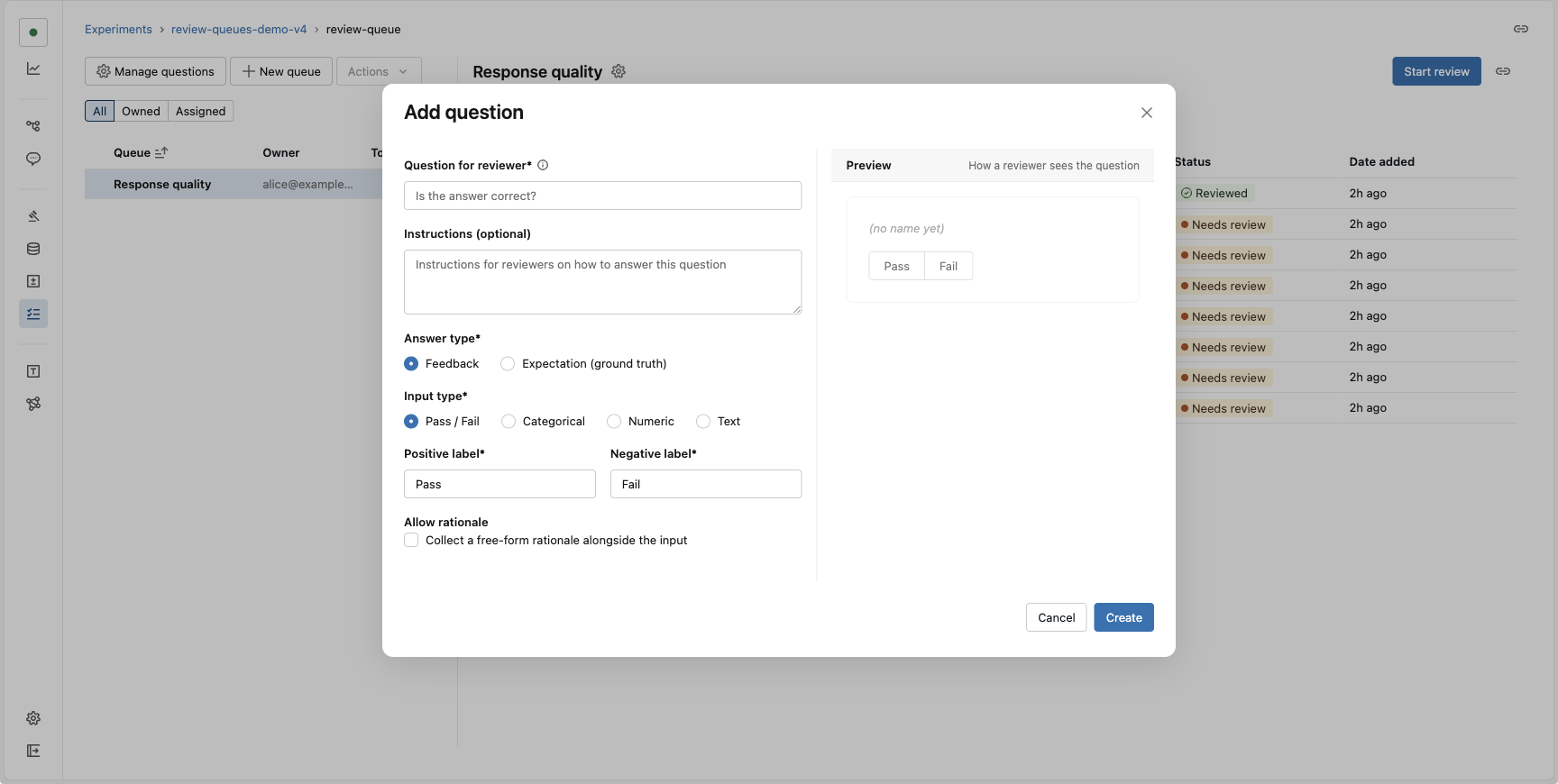 Add a question with a live preview