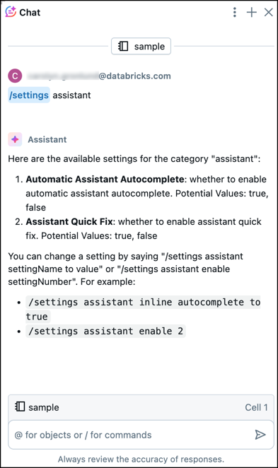 Assistant Chat pane with the Settings prompt.