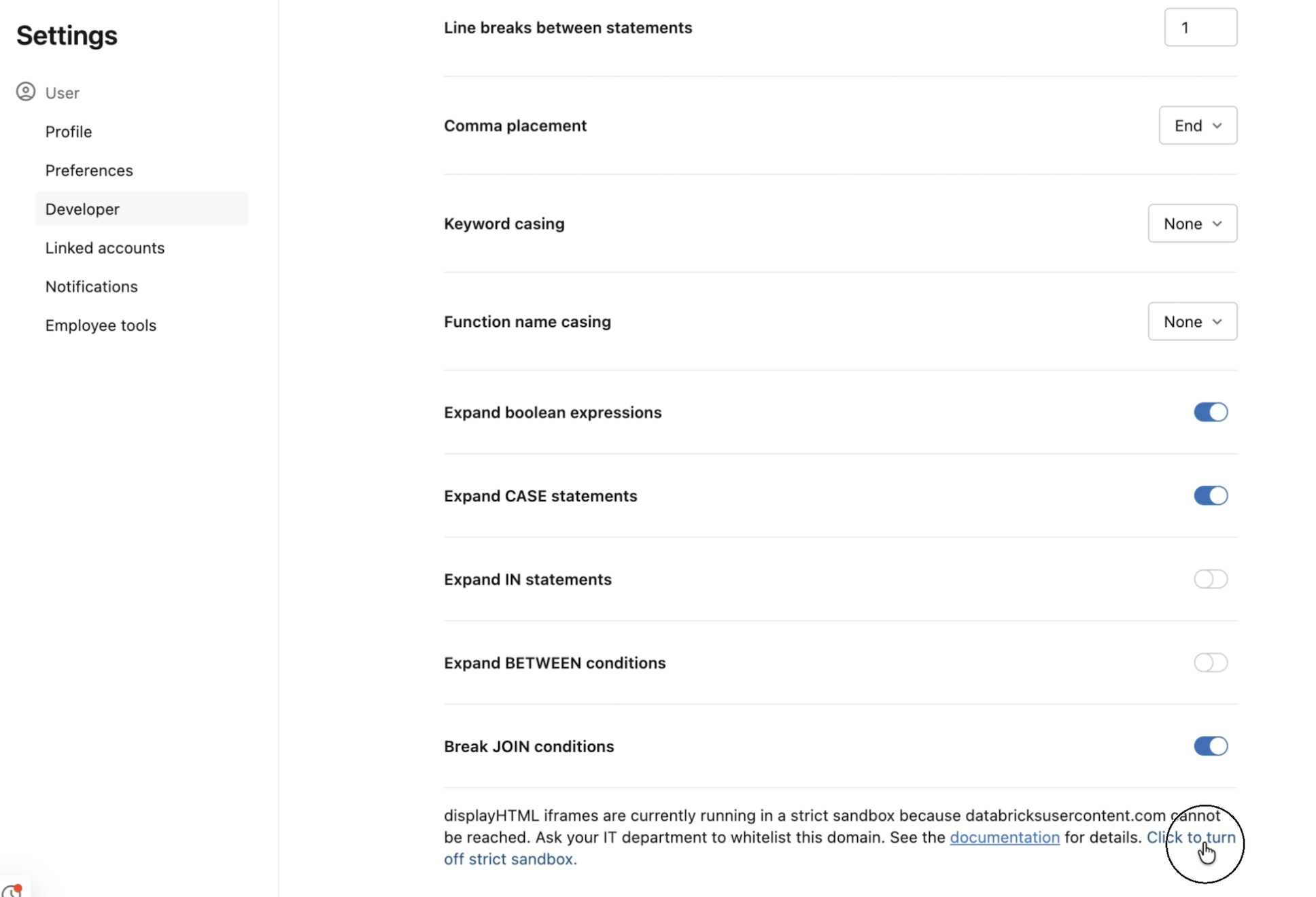 Turn off strict sandbox mode from the Developer settings page.