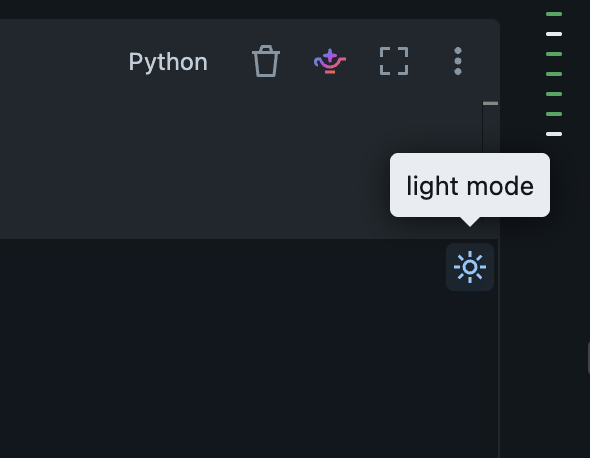 Light mode toggle in the upper-right corner of a notebook output