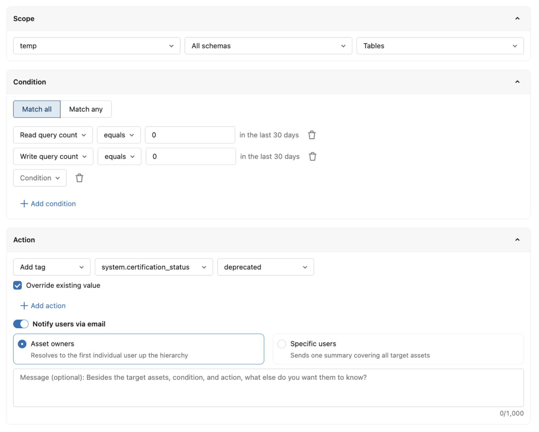 An automation scoped to a catalog's tables, matching tables with no read or write queries in the last 30 days and assigning the deprecated certification status tag.