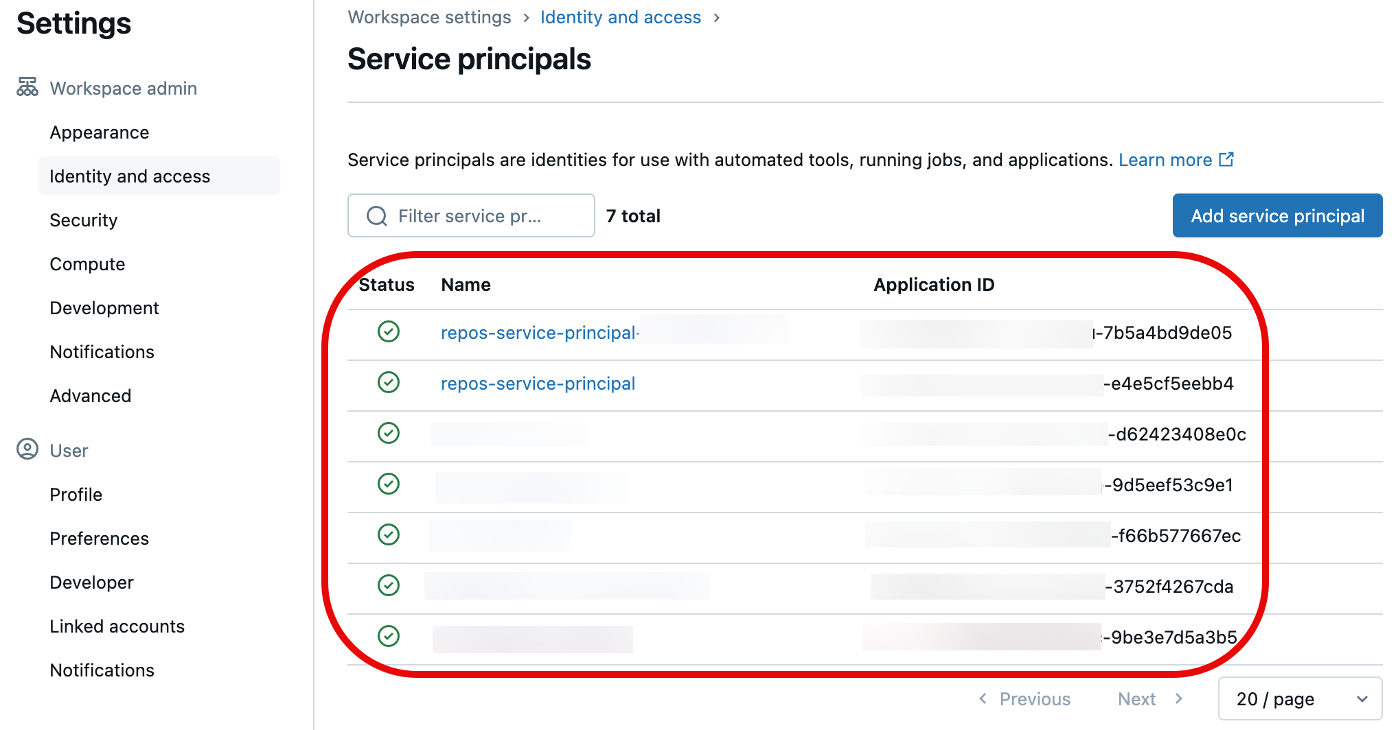 The list of service principals available for your workspace in the Service principals pane
