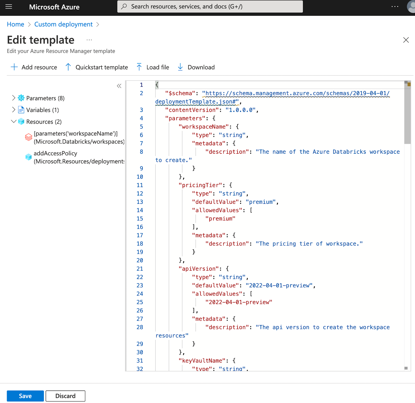 Edit deployment page of the Azure custom deployment portal