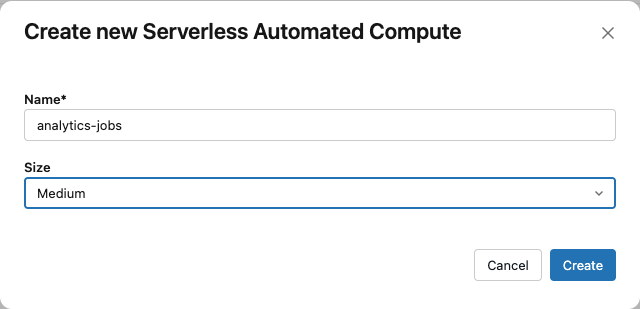 The Create new Serverless Automated Compute dialog with a name entered and the size set to Medium
