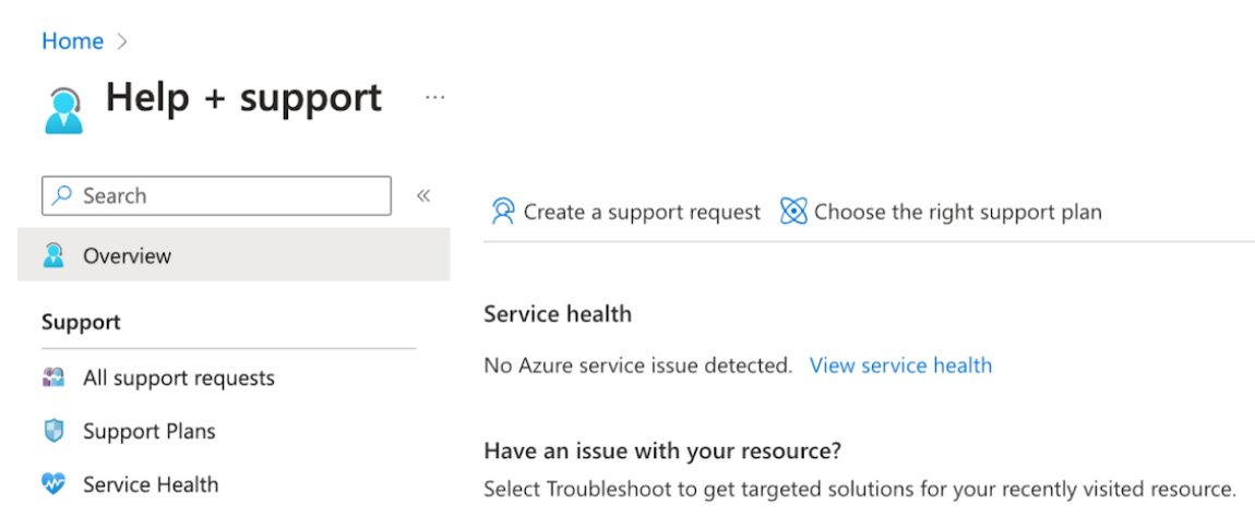 The Help + Support section of Azure portal