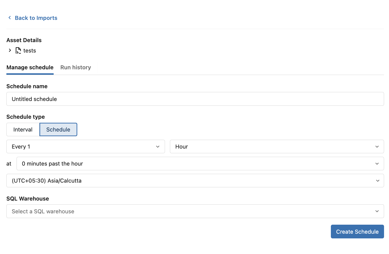 The Manage schedule tab with the Schedule schedule type selected, showing the cadence, time, and time zone selectors.