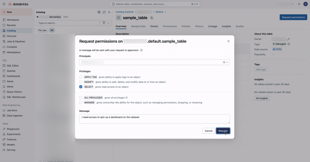 Catalog Explorer object page with a Request access affordance.