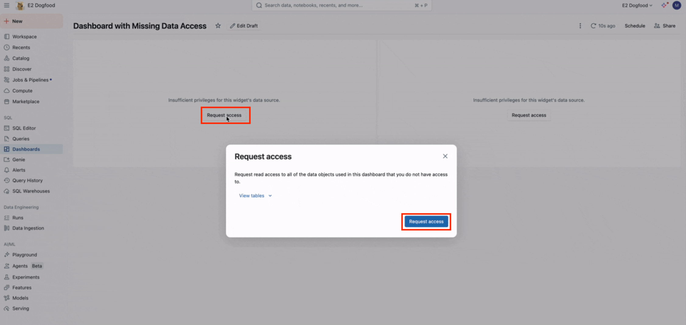 AI/BI dashboard widget prompting the viewer to request access to missing datasets.
