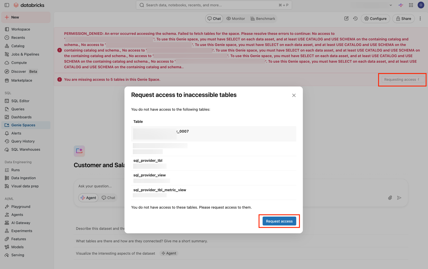 Genie agent with a Request access modal listing inaccessible tables.