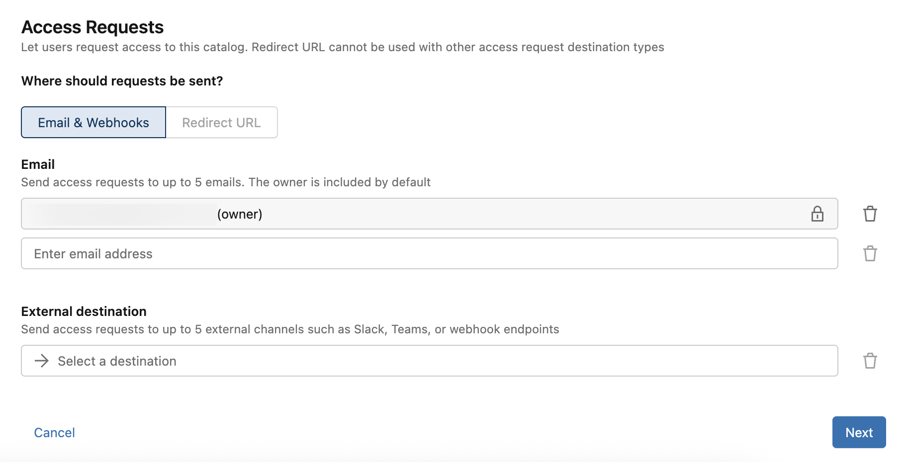 Configure an access request destination for a new catalog.