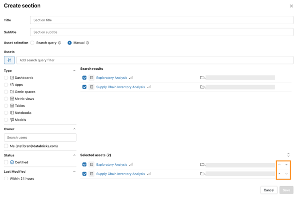 Up and down chevrons next to selected assets in a manually-selected section