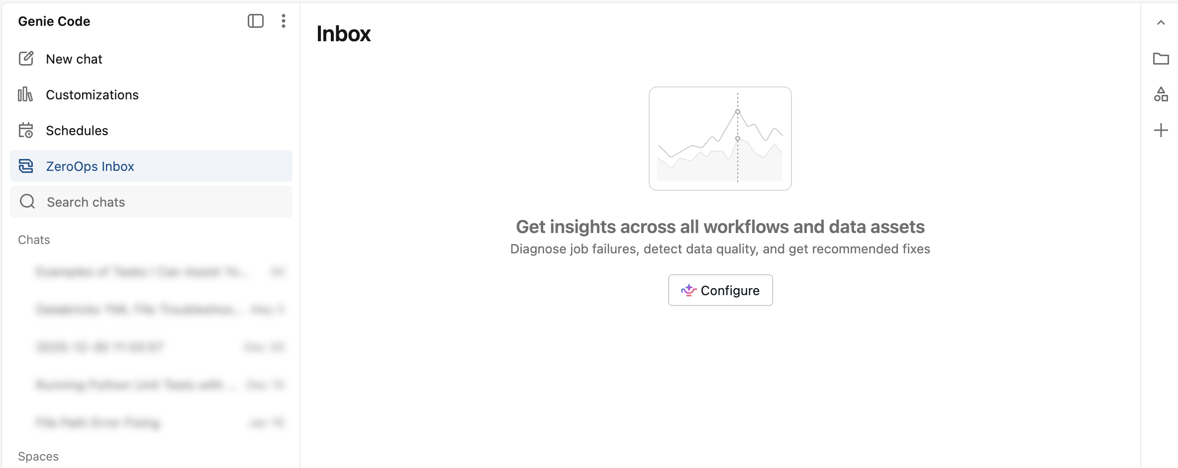 The initial ZeroOps inbox, prompting you to configure the assets to monitor.