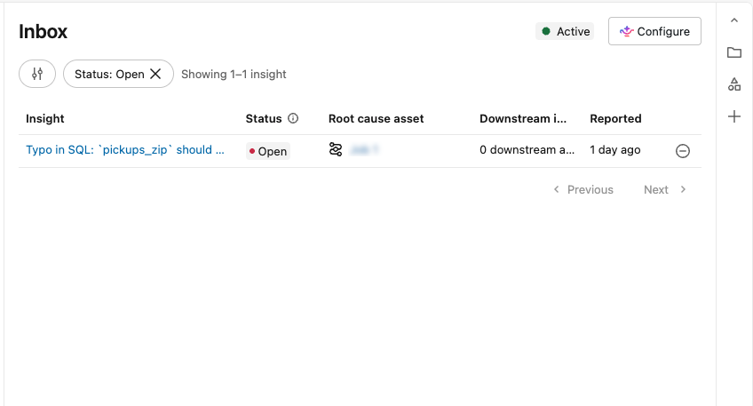 The ZeroOps inbox after configuration, with an open insight and the Configure button in the top-right corner.
