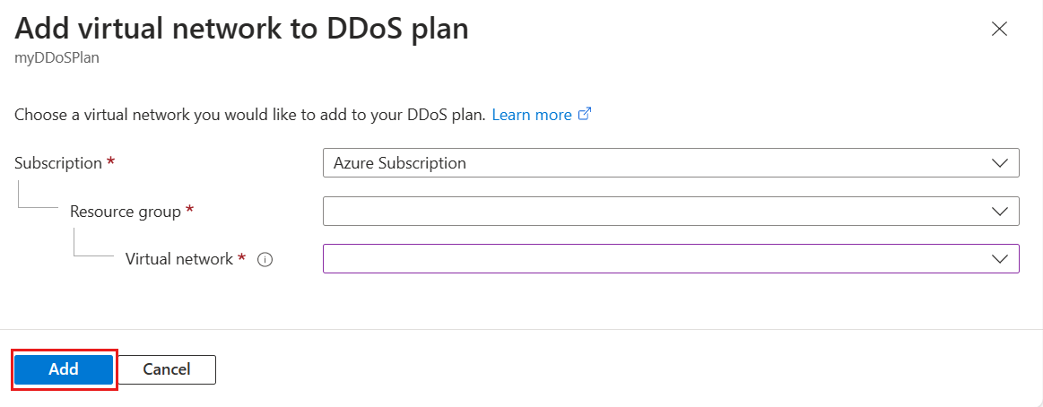 Screenshot of adding virtual network to DDoS protection plan.