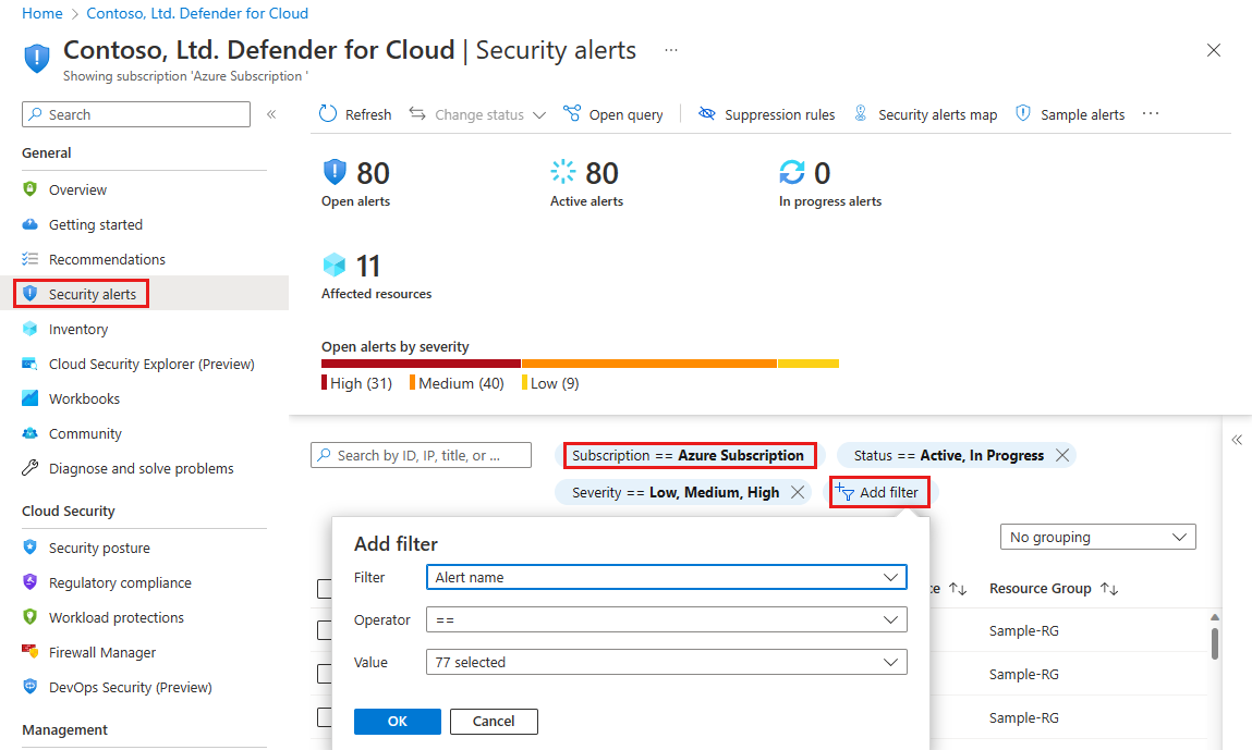 Screenshot of Security alert in Microsoft Defender for Cloud.