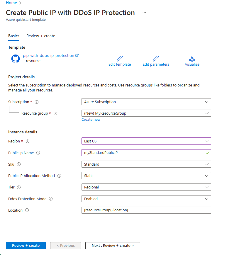 Screenshot of DDoS IP Protection ARM quickstart template.